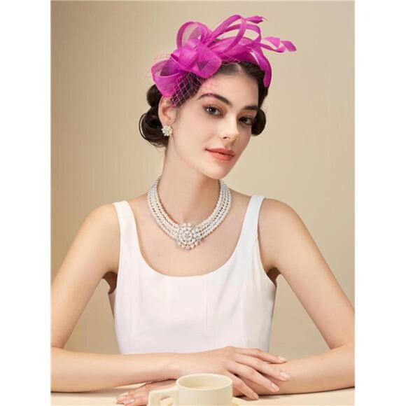 Fascinators Headband with Feather, Deep Pink main image 4